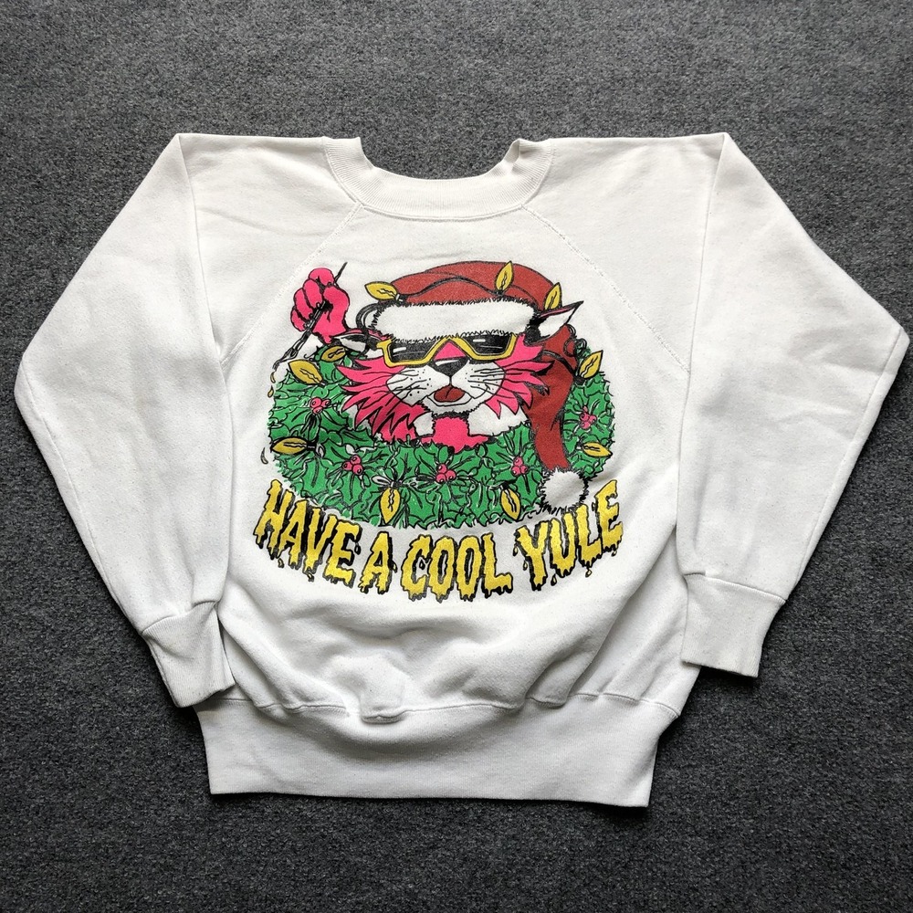 Vintage Ultra Sweats Sweatshirt Mens Medium White Yule Cat Christmas Graphic